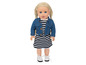 Een pop met blond haar, een denim jack en een gestreepte jurk.