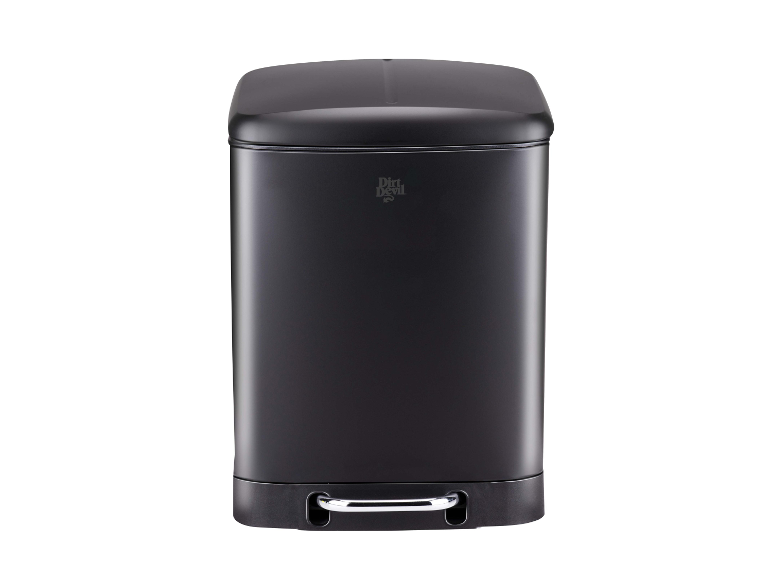 Een zwarte metalen prullenbak van Dirt Devil.