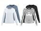 Set van vier damesshirts met lange mouwen: twee effen (wit, blauw) en twee gestreepte (zwart, wit-zwart).