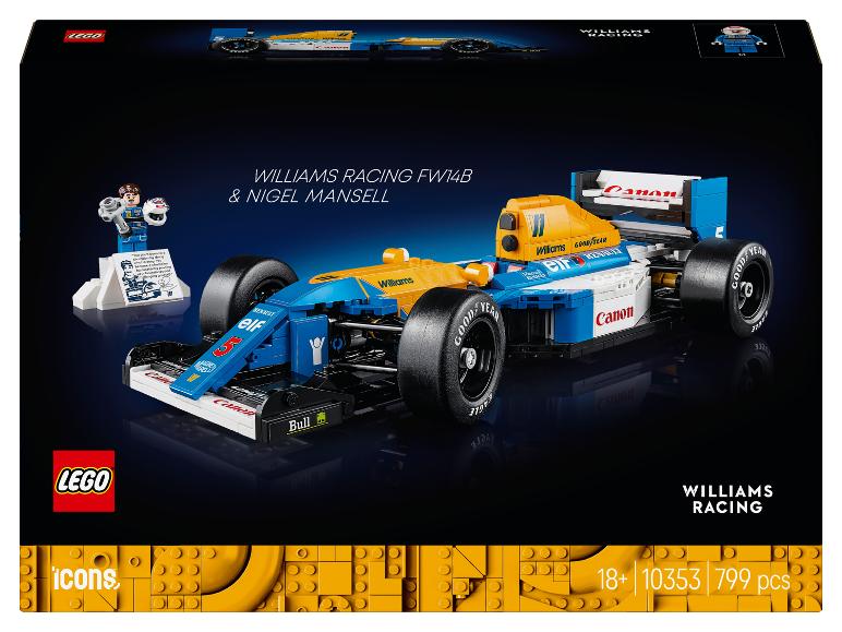 LEGO Icons Williams Racing FW14B raceauto en Nigel Mansell minifiguur.