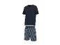 Herenpyjama met een marineblauw T-shirt met korte mouwen en gestreepte shorts.