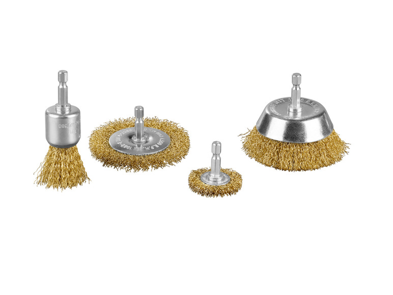 Drie draadborstels voor schuurwerk, twee ronde en één cilindrisch.