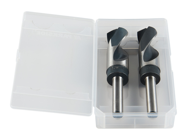 Twee boorbits in een transparante plastic doos.
