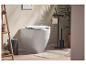 Wit toilet, grijze prullenbak en zwarte toiletrolhouder in een moderne badkamer.