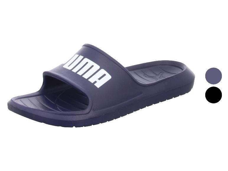 Blauwe zwembadslippers met wit logo, met blauwe en zwarte kleuropties.