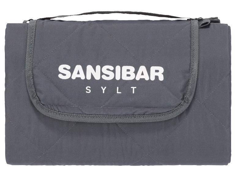 Donkergrijze, gewatteerde Sansibar Sylt picknickdeken met handvat.