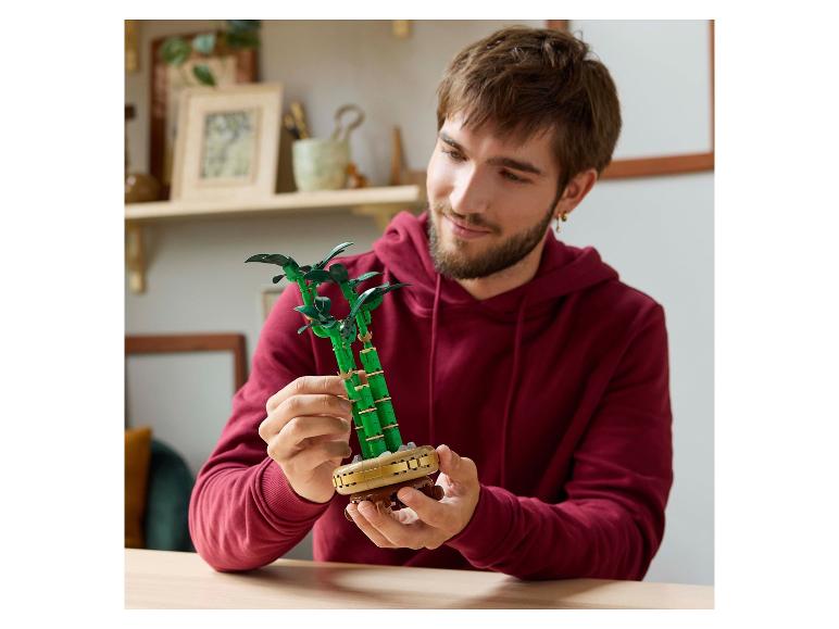 Een glimlachende man houdt een groene en bruine bouwsteen bonsai vast.
