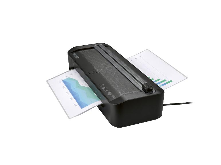 Zwarte TRONIC lamineermachine met grafieken die aan beide zijden uitkomen.