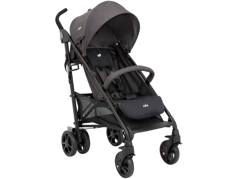 Grijze Joie kinderwagen met zonnekap en opbergmand.