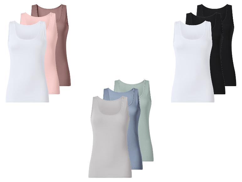 Drie sets dames tanktops in diverse kleuren: wit, roze, bruin, zwart, grijs, blauw en groen.