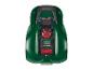 Groene robotmaaier met bedieningspaneel en rode stopknop.