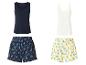 Pyjamasets: blauwe en witte tanktops met bedrukte shorts.