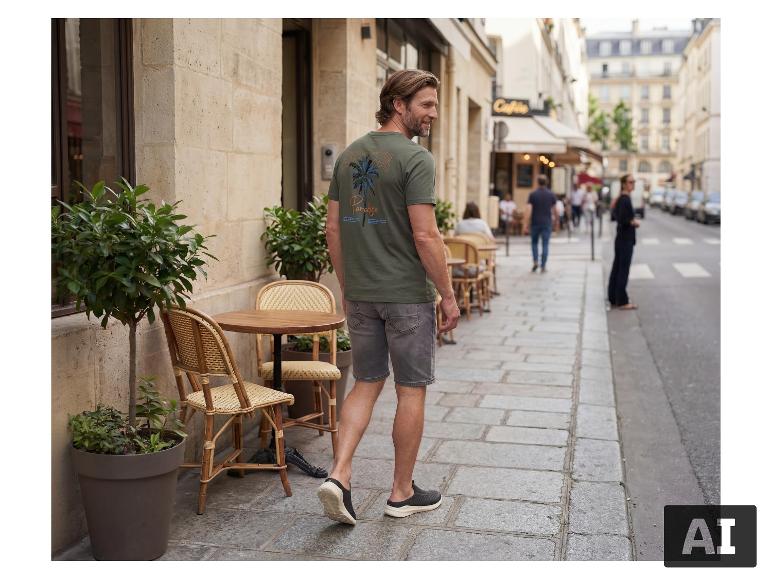 Man in ESMARA MEN sweatdenim short en t-shirt lopend door een stadsstraat. [AI-gegenereerde afbeelding]