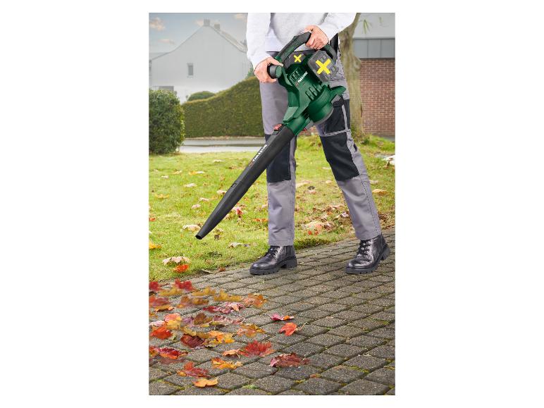 Persoon gebruikt een bladblazer om herfstbladeren van een verhard pad te verwijderen.
