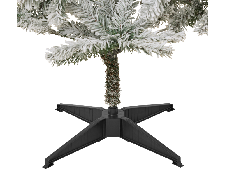 Beloofde kunstkerstboom met zwarte plastic standaard.