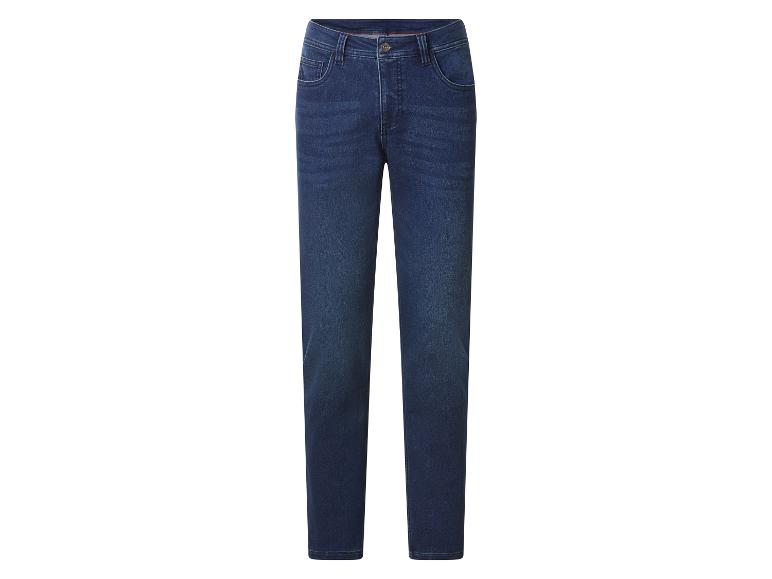 Donkerblauwe five-pocket jeans met knoopsluiting.