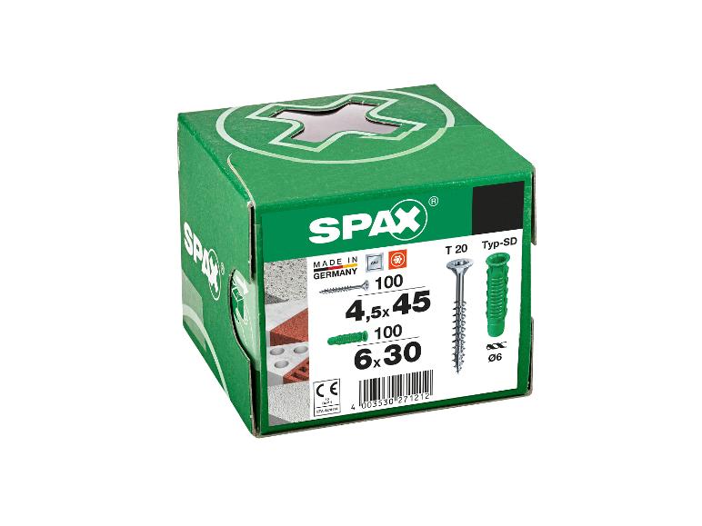 Groene doos met schroeven en pluggen, met productdetails en afmetingen.