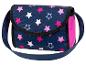 Een donkerblauwe lunchtas met roze sterren en een roze zijkant.
