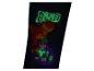 Zwarte stof met een glow-in-the-dark dinosaurus en hond, met het woord 'DINO' in neongroen.