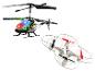 Een zwarte speelgoedhelikopter en een witte quadcopter met rode en zwarte propellers.