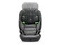 Verstelbaar grijs en zwart kinderautostoeltje met groene Isofix-connectoren.