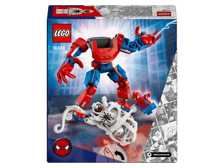 Speelset met een rode en blauwe robot, een Spider-Man minifiguur en een witte Venom figuur.