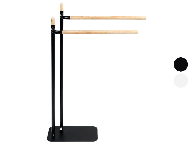 Zwarte metalen handdoekenrek met twee houten staven.