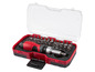 Een rode schroevendraaierset met verschillende bitjes in een opbergdoos.