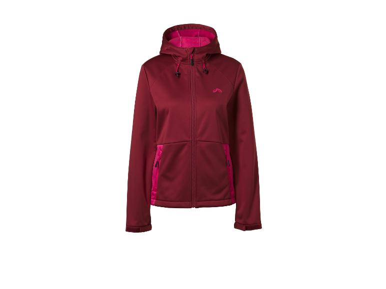 Bordeauxrode softshell jas voor dames met capuchon en roze details.