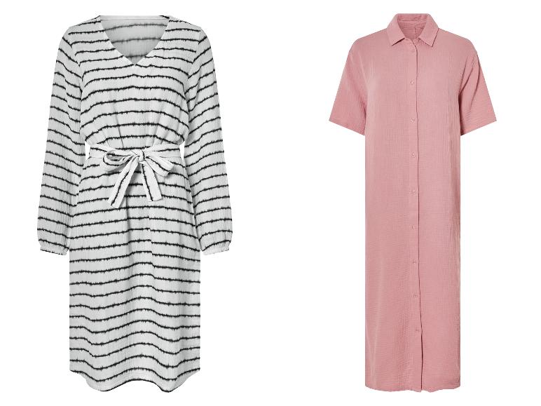 Lange jurken: zwart-wit gestreept en roze knoopjurk.