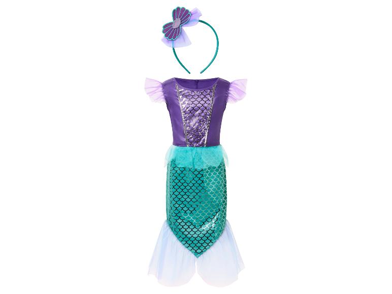 Paars en aqua zeemeerminnenkostuum voor kinderen met staart en bijpassende hoofdband.