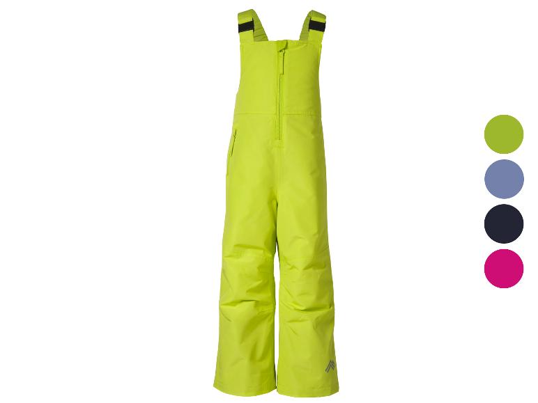 Neongele kinder skibroek met verstelbare bandjes en rits, met kleurstalen.