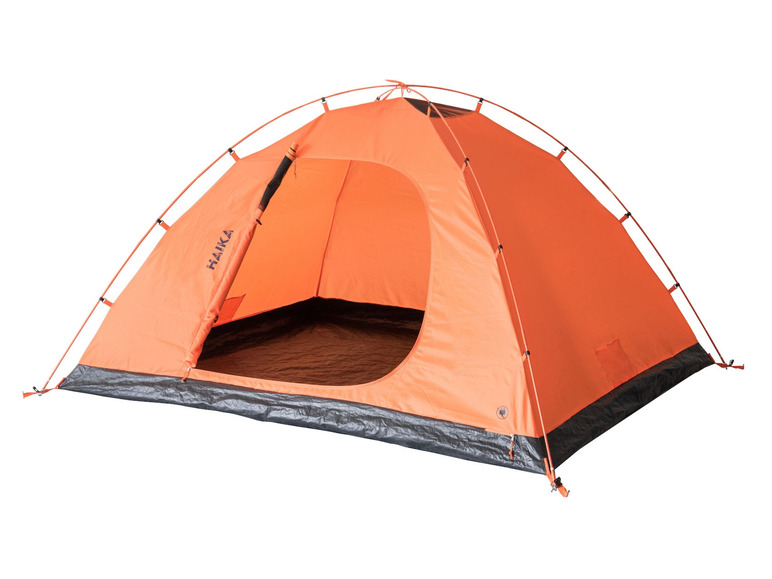 Een oranje Haika tent voor kamperen.