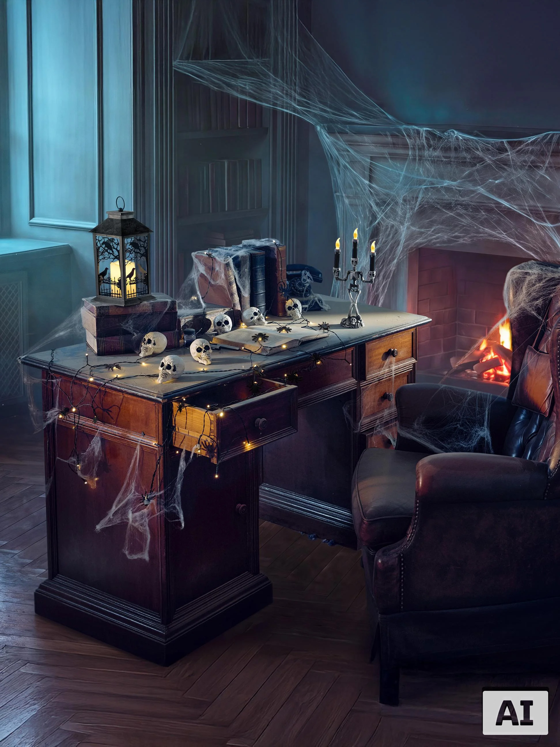 Halloween-decoratie met schedels, spinnenwebben en kaarsen op een houten bureau bij de haard.
