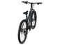 Een zwarte mountainbike met een turquoise design.