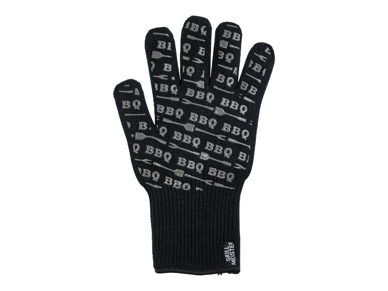 Zwarte BBQ grillhandschoen met 'BBQ'-tekst en grillgereedschapspatronen, met 'GRILL MEISTER'-label.