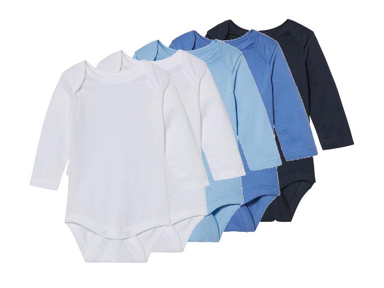 Baby's longsleeve rompers, wit, lichtblauw en donkerblauw.