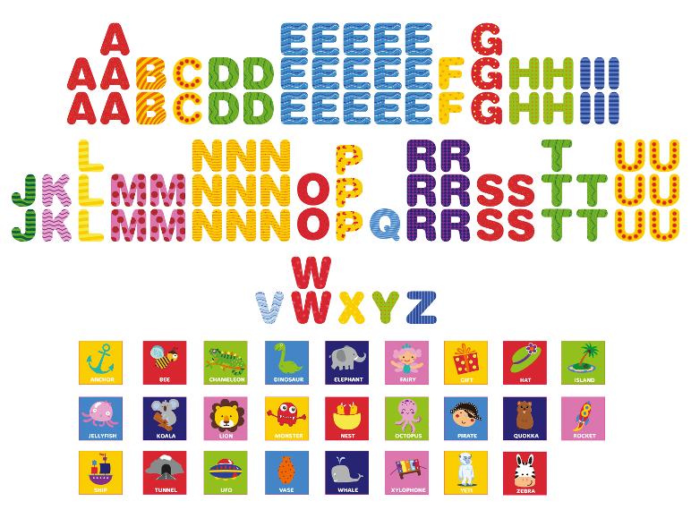 Geïllustreerd alfabet met dieren en objecten; versierde letters.
