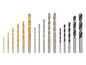 Een set met verschillende soorten boren, waaronder titanium boren en boorhamers.