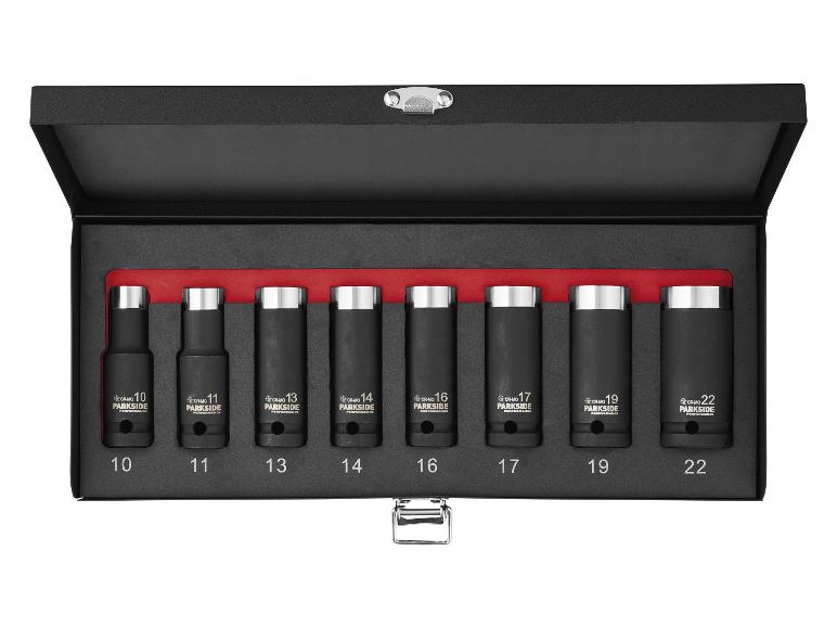 Een set Parkside Performance dopjes in een zwarte doos, met maten van 10 tot en met 22mm.