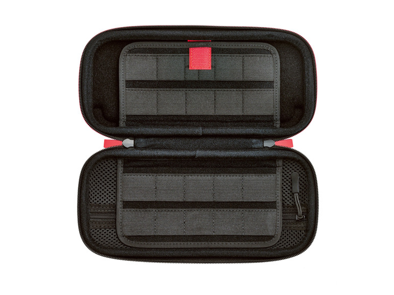 Een opengeklapt zwart opberghoesje met rode ritsen voor accessoires.