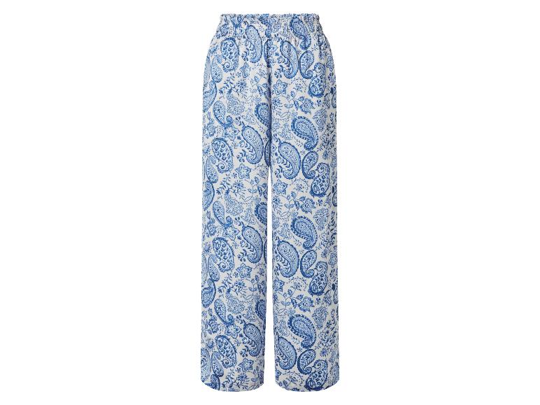 Dames wijde broek met blauw paisley patroon en elastische tailleband.