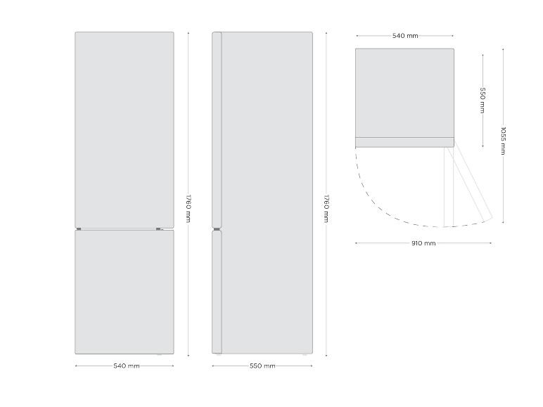 Technische tekening van een koelkast met afmetingen: 1760mm hoogte, 540mm breedte, 550mm diepte.