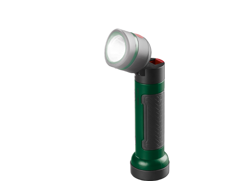 Groene en grijze knikbare zaklamp met helder licht.