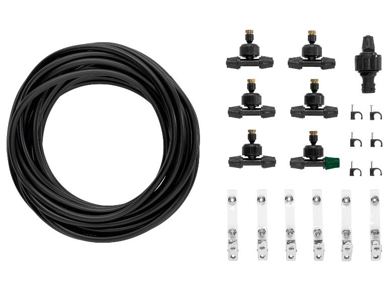 Tuinslang, microsprinklers en bevestigingsmiddelen voor irrigatiesysteem.