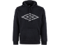 Zwarte hoodie met een groot wit geometrisch patroon op de voorkant.