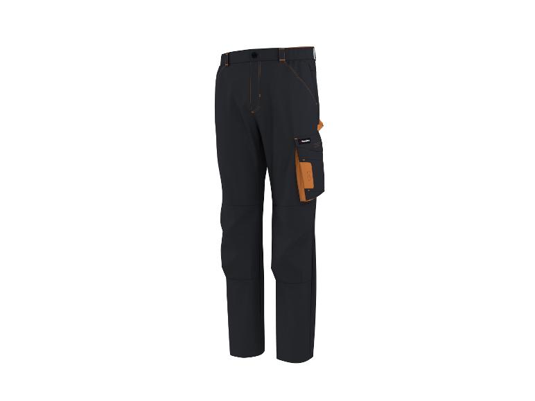 Zwarte Parkside werkbroek met oranje details en zakken.