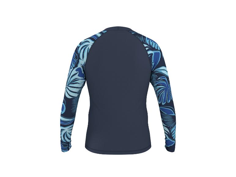 Zwemshirt met lange mouwen en blauwe bladprint, achteraanzicht.