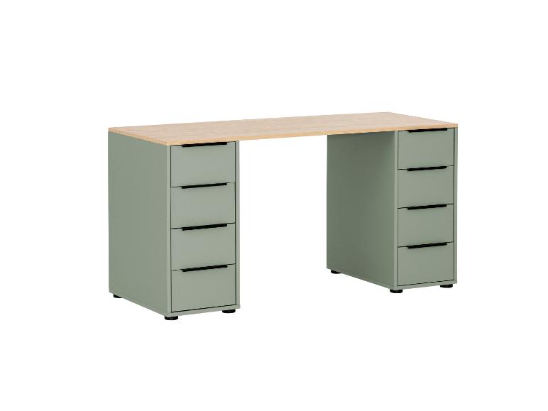 Bureau met licht houten blad en twee saliegroene kasten met vier laden.