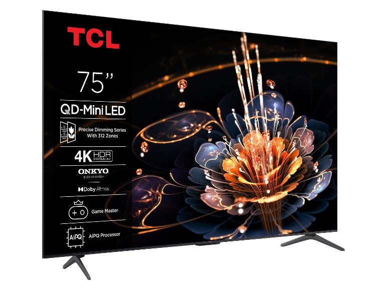 75-inch QD-Mini LED televisie met 4K HDR, Onkyo geluid en Dolby Atmos.